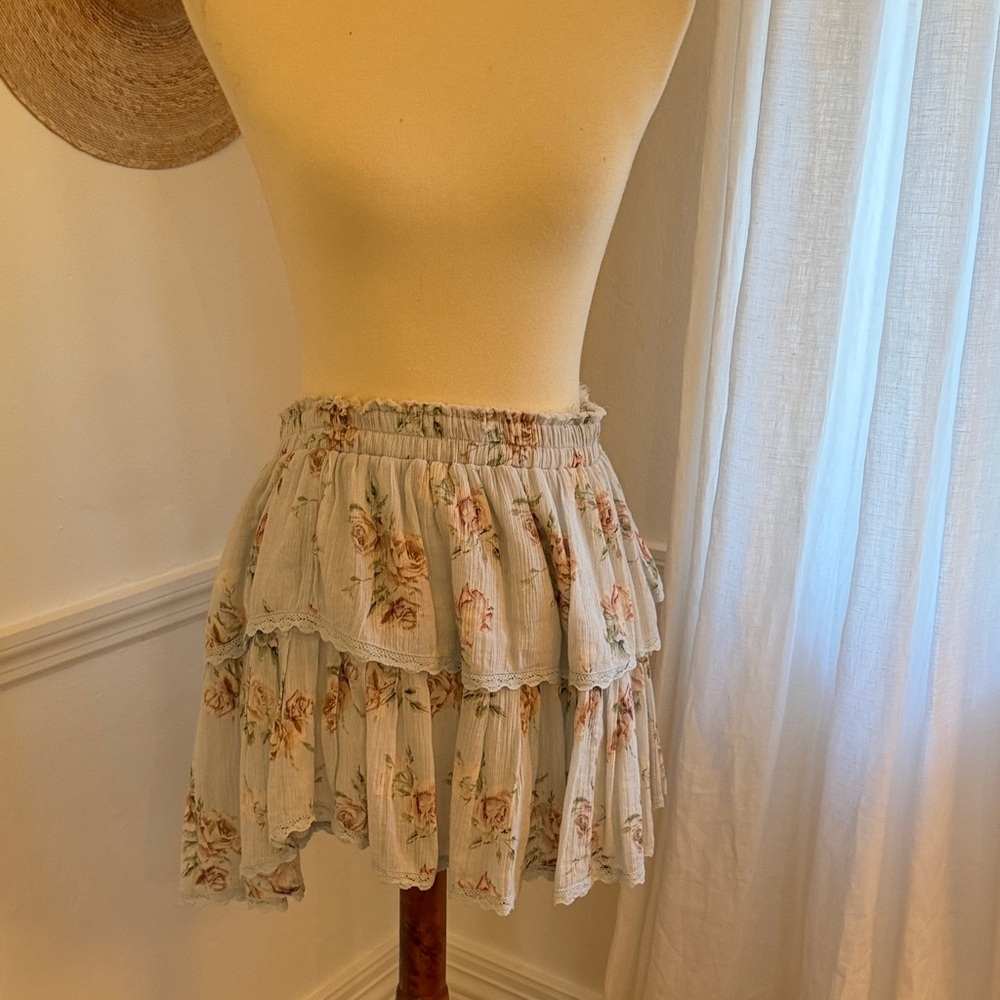 LoveShackFancy Ruffle Mini Skirt — Rose Floral, Size M
